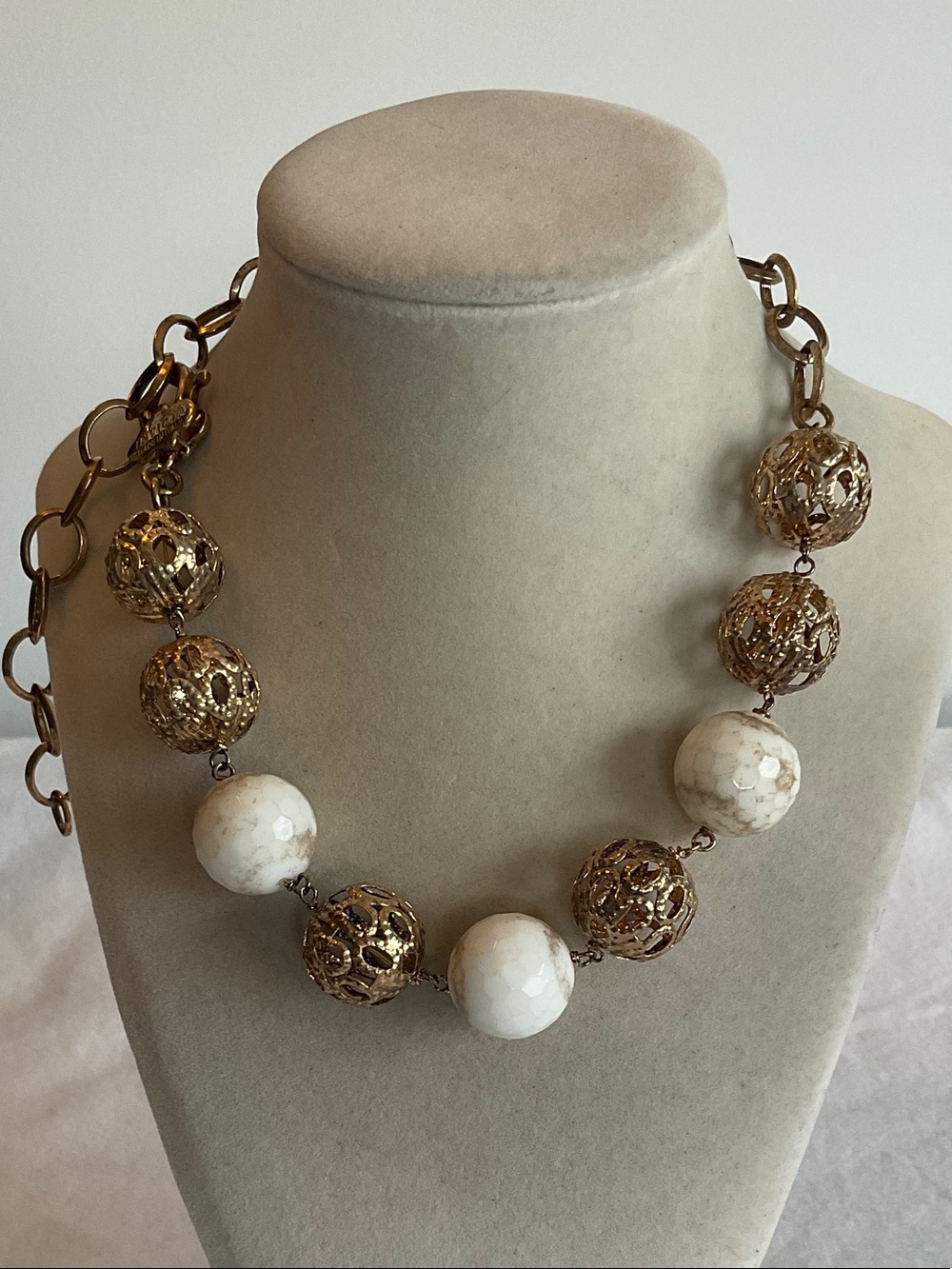 Invicta Gold Filigree and White Marble Beads Statement Necklace